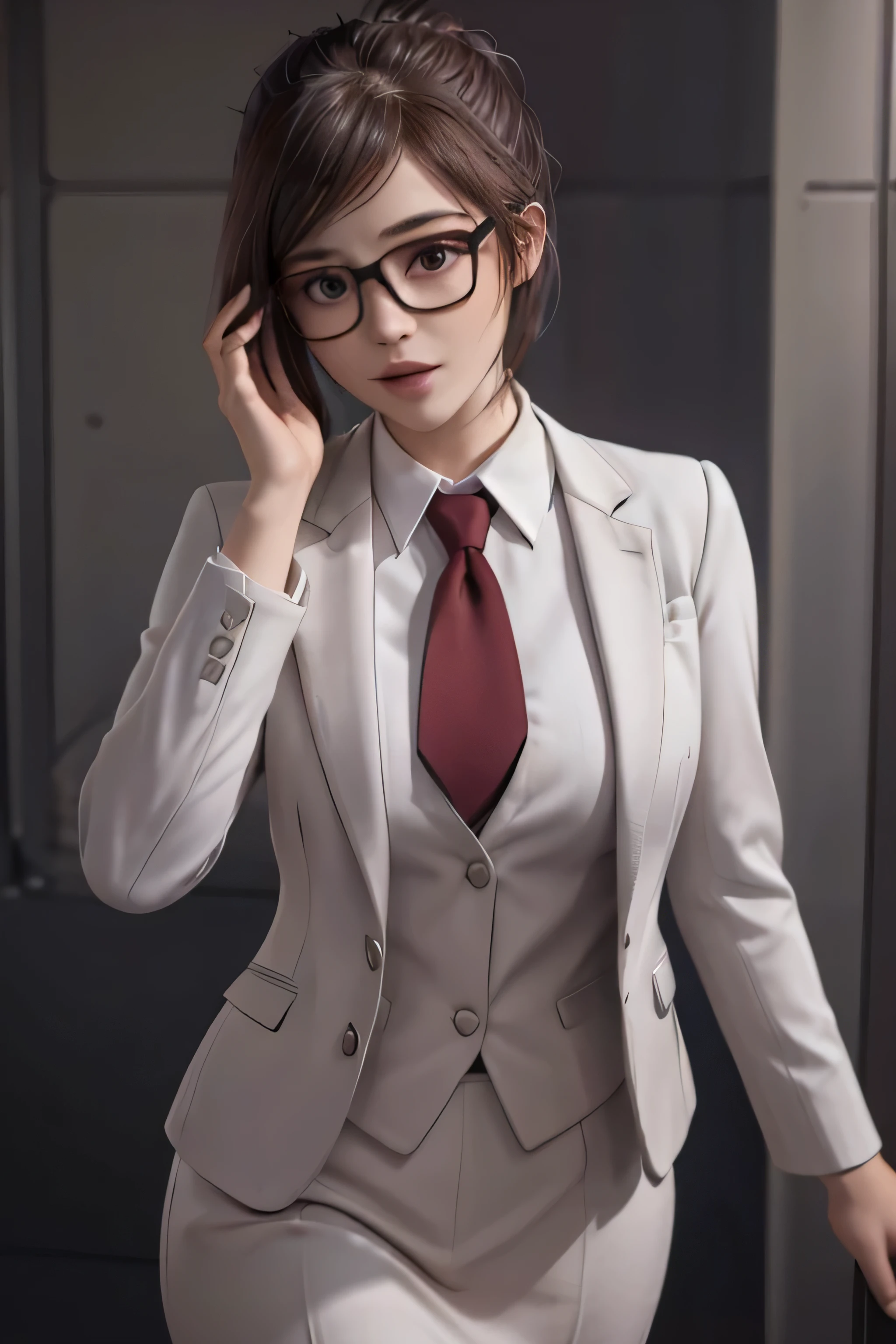 realistic, realism, photorealism, photo-realistic, high contrast, (photorealistic:1.4), 8k high definition detailed realistic,  (best quality, masterpiece:1.2),  photon mapping, radiosity, physically-based rendering, best quality, highly detailed, 1girl, owmei, cream skirt suit, suit and tie, (((three-piece suit))), pink silk dress shirt with white collar, shirt and tie, (((maroon necktie))), ((blazer)), ((suit jacket)) ((waistcoat with lapel)), (((bodycon pencil miniskirt))), formal, business, red lipstick, smile, (((hair up))), (((hair bun))), glasses, sitting, (((high collar))), (((tailored bespoke suit))), (((hair pin))), bedroom eyes, smirk, confident, cufflinks, (((shiny clothes)))