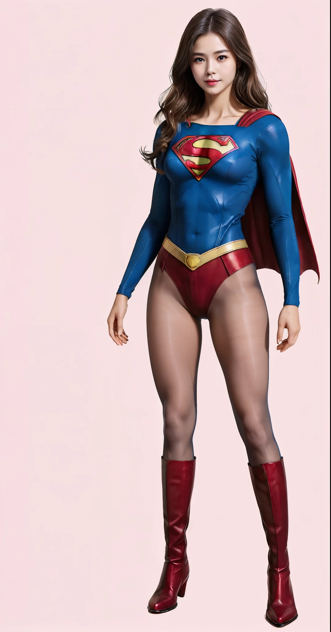 No background、(((Beautiful legs in black tights.)))、(((Legally express the beauty of your smile)))、((((Make the most of your original images)))、(((Supergirl Costume)))、(((Beautiful hairstyle)))、(((suffering)))、(((Please wear black tights....、Wear red boots)))、((Best image quality、8k))、((highest quality、8k、masterpiece:1.3))、(((Preserve background )))、Sharp focus:1.2、Beautiful woman with perfect figure:1.4、Slim Abs:1.2、Wet body:1.5、Highly detailed face and skin texture、8k