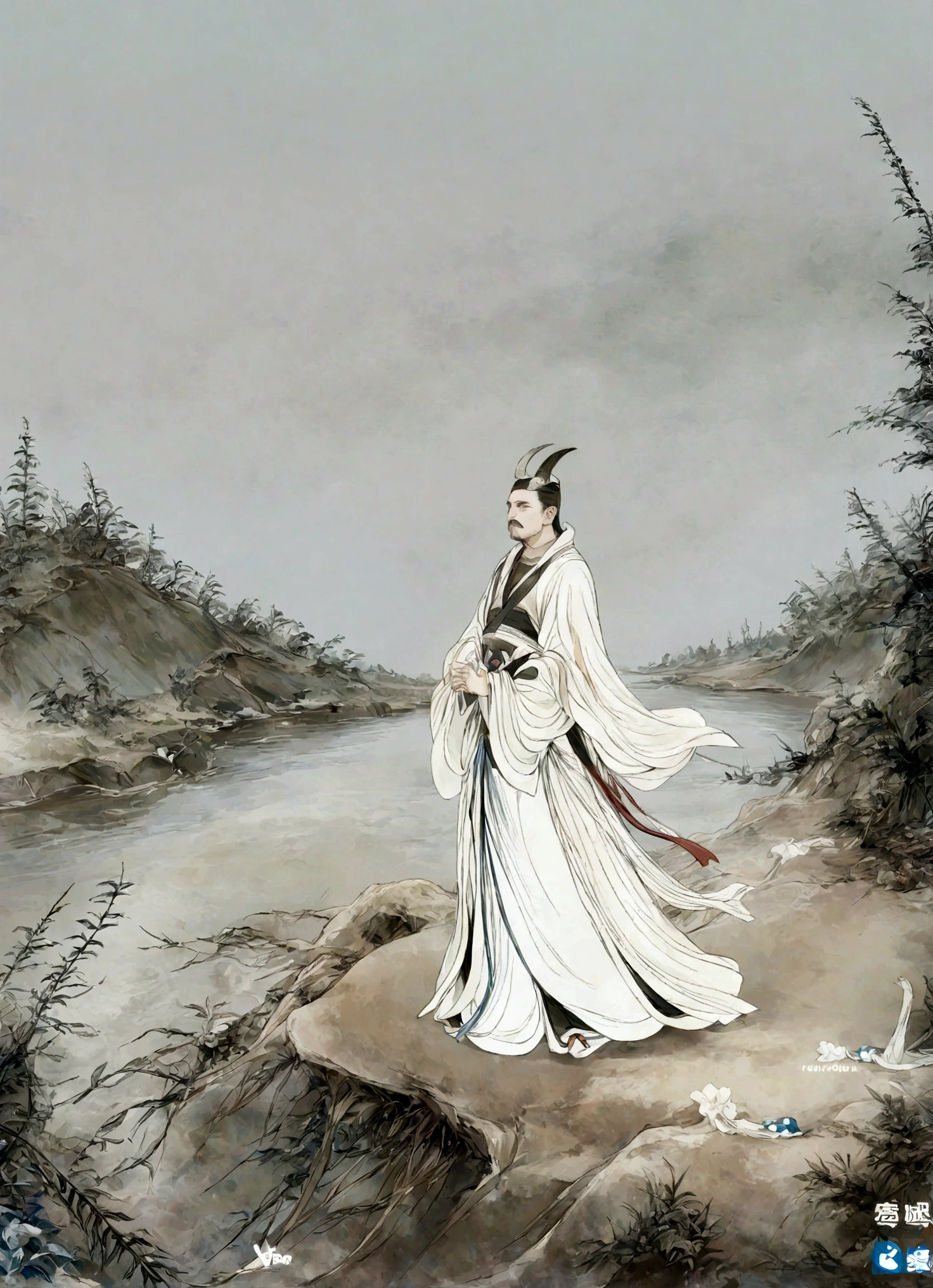 (masterpiece, best quality:1.2), yongle_style,1man,Standing by the river,white background,[Sunset]