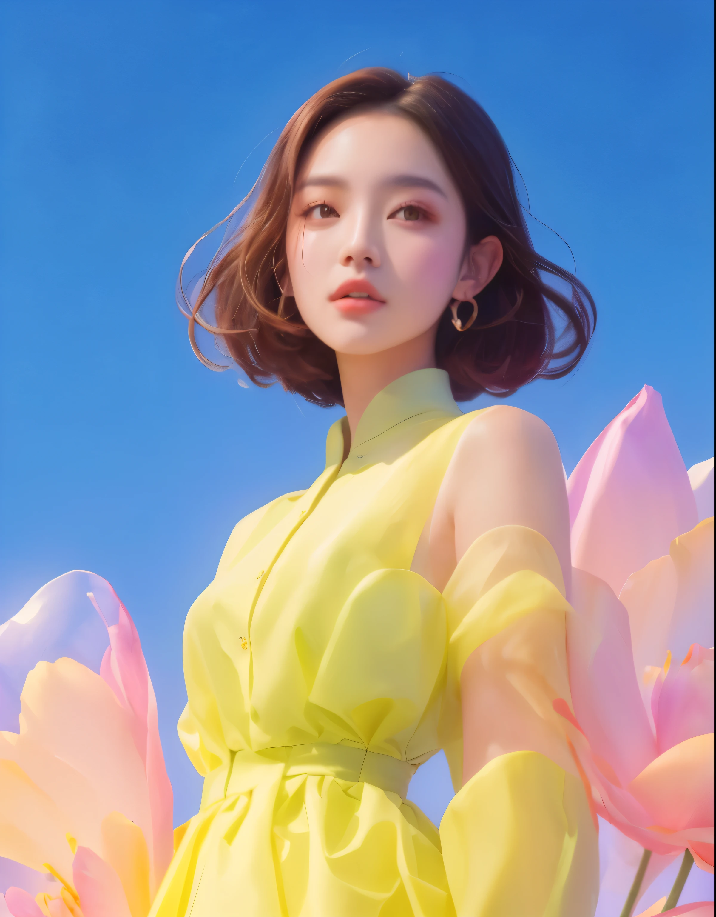 A woman in a yellow dress stands in front of a bouquet of flowers, inspired by yanjun cheng, author：Russell Dongjun Lu, inspired author：Russell Dongjun Lu, by yanjun cheng, official art works, yanjun chengt, Artgerm and Atey Ghailan, Artie Guerin 8K, Artwork in the style of Guweiz, Official Fanart