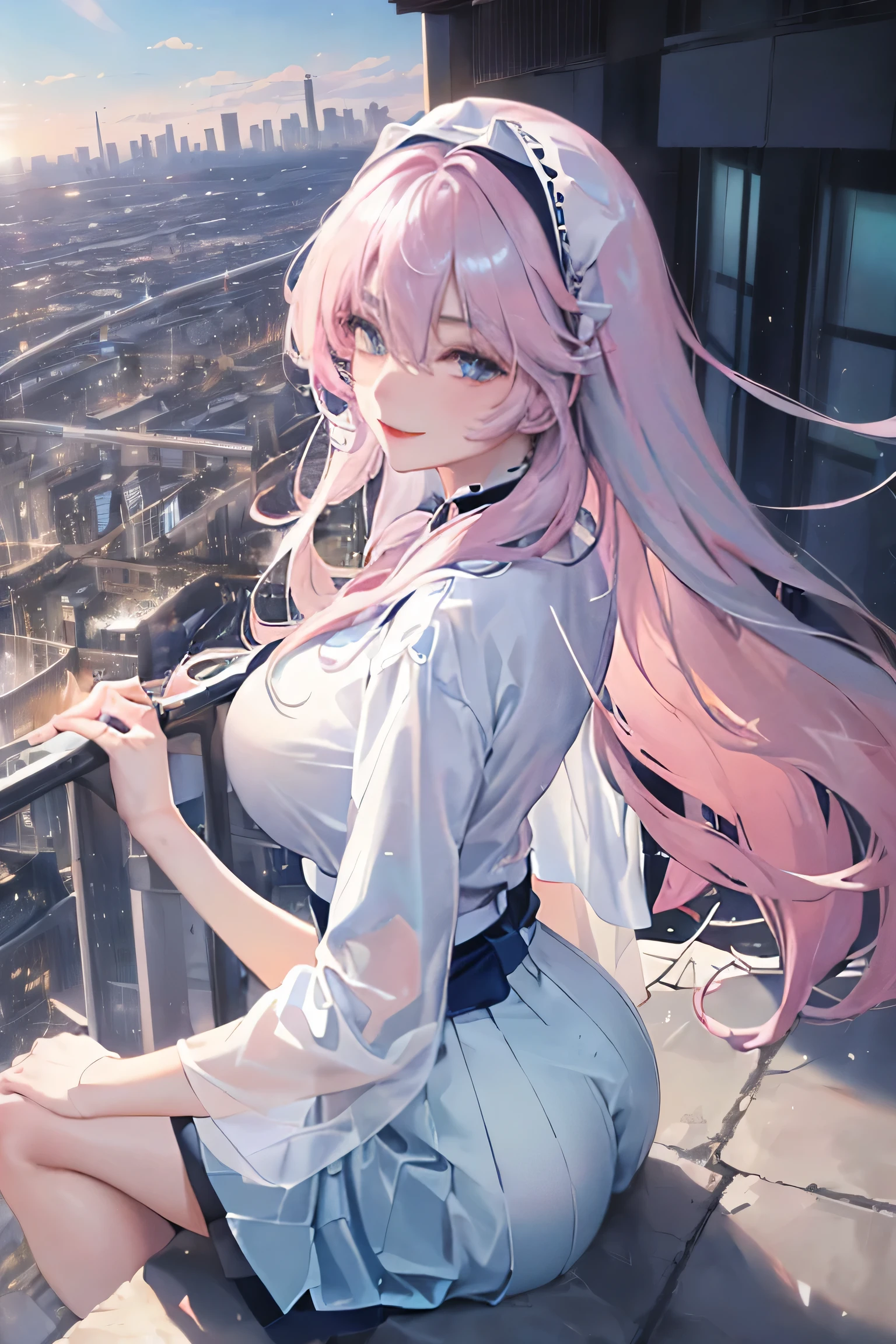 Official Art, masterpiece, Clear focus, (Beautiful, gorgeous and lovely Korean woman:1.3), (Beautiful and cute Korean:1.3), Korean beauty, exquisite beautiful hair、eyes and face, Practical, Super detailed, beautiful girl, Blue sky, Glowing white particles, (Side Light:1.2), Sunlight, White Cloud, Detailed clouds, slim, Very cute big boobs and big butt, grin, ((Smile with your eyes, Open your eyes)), landscape, Long and straight hair, sexy facial expression, architecture, (city View:1.7), Dynamic Hair, Long and straight hair, Detailed platinum pink hair, glowing blue eyes, (Blue Pleated Shirt + White Skirt), White socks, Pale skin, Hair accessories, epic landscape,