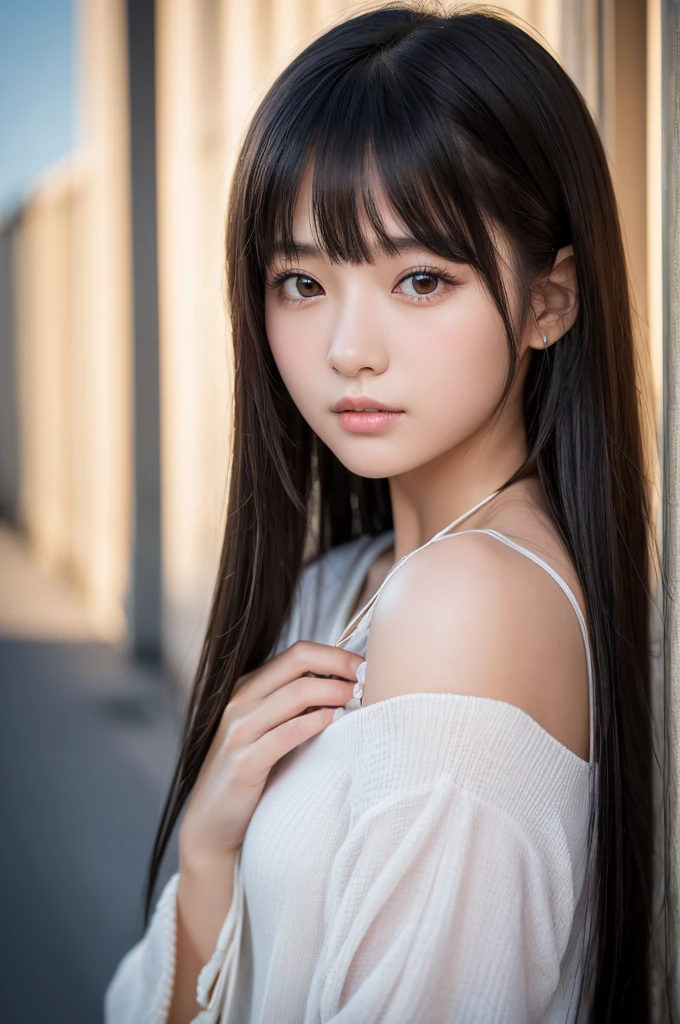 (High resolution:1.3), (16k, Photorealistic, Raw photo, Best image quality: 1.4), Japanese, (One Girl), Beautiful Face, (A vivid face), (Black-haired、Hair ties:1.3、bangs:1.2), (Black Eyes 1.3), Beautiful Hairstyles, Realistic eyes, Beautifully detailed eyes, (Realistic Skin), Beautiful skins, attractive, 超A high resolution, Surreal, High detail, Golden Ratio, Highly detailed cute girl,(20-year-old)