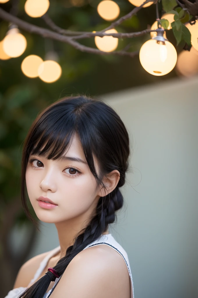 (High resolution:1.3), (16k, Photorealistic, Raw photo, Best image quality: 1.4), Japanese, (One Girl), Beautiful Face, (A vivid face), (Black-haired、Hair ties:1.3、bangs:1.2), (Black Eyes 1.3), Beautiful Hairstyles, Realistic eyes, Beautifully detailed eyes, (Realistic Skin), Beautiful skins, attractive, 超A high resolution, Surreal, High detail, Golden Ratio, Highly detailed cute girl,(20-year-old)