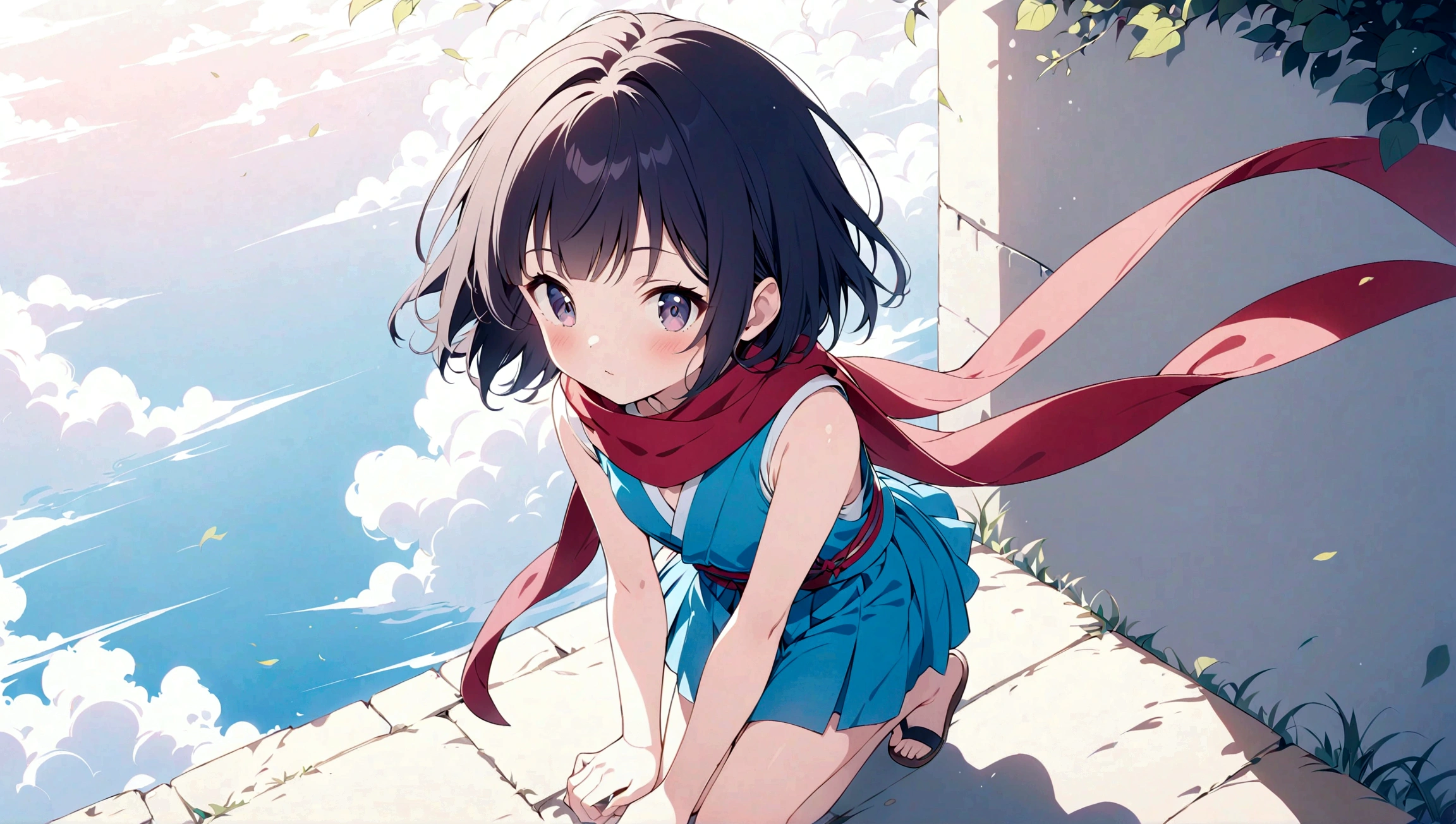 Ninjas are... cool and... fast.!Top of the Ninja quality, anime moe artstyle,best anime 8k konachan wallpaper,badass anime 8k,perfect anatomy, (Please draw a picture of a Ninja girl crouching on a pole), from above,break, Domo…1girl is ninja desu, (Solo,,,12-year-old:1.3), androgynous charm, (Very Short hair, blunt bangs), Full limbs, complete fingers,flat chest, Small butt, groin, finely 8k detailed beautiful black eyes, (sleeveless hanjuban),obi,ninja hakama, ninja scarf waving in the wind,crouching,looking down,break,ultra-detailed,high resolution,super detailed skin, professional AI's best lighting, illustration,