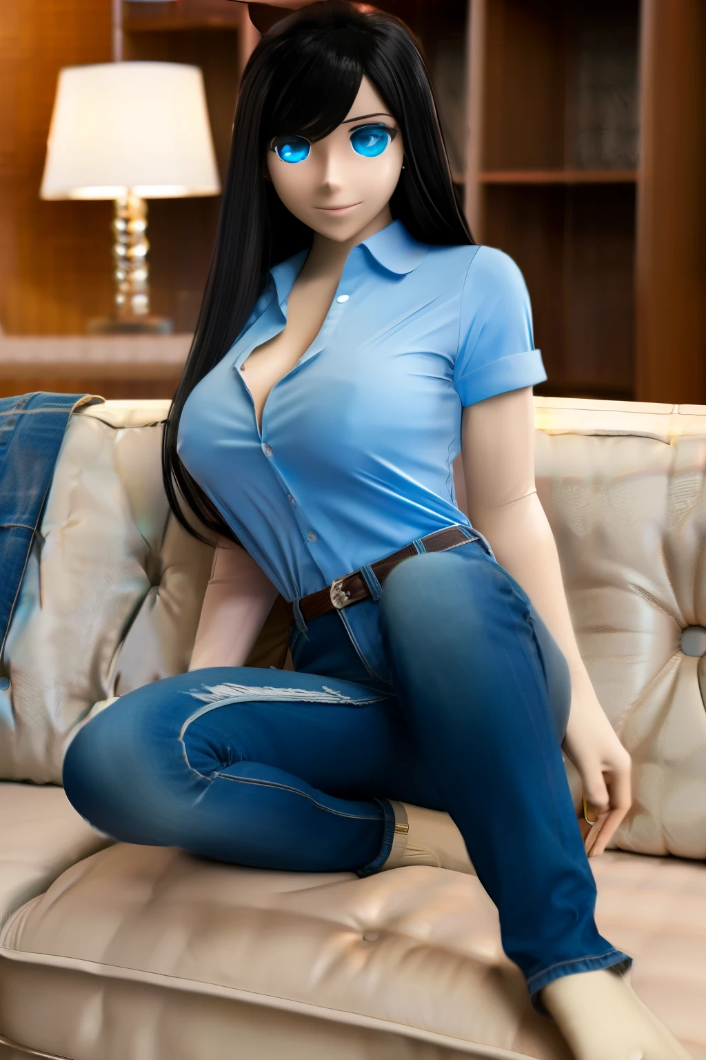 animatronic housewife, black hair, blue eyes, blue shirt, jeans, glowing eyes, on the couch, nsfw