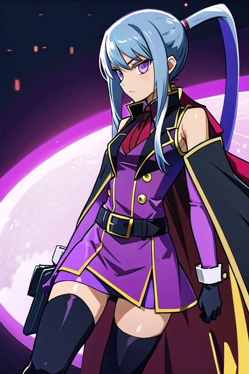 masterpiece, best quality, solo, (detailed eyes:0.9), (detailed lighting, depth of field:0.9), thighhighs, elbow gloves,purple skirt, long hair, boots, ponytail, zettai ryouiki, thigh boots, cape 