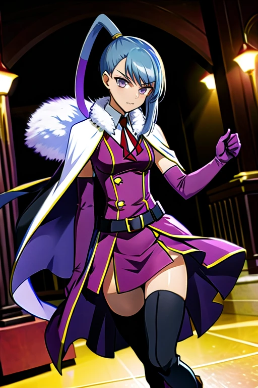 masterpiece, best quality, solo, (detailed eyes:0.9), (detailed lighting, depth of field:0.9), thighhighs, elbow gloves,purple skirt, long hair, boots, ponytail, zettai ryouiki, thigh boots, cape 