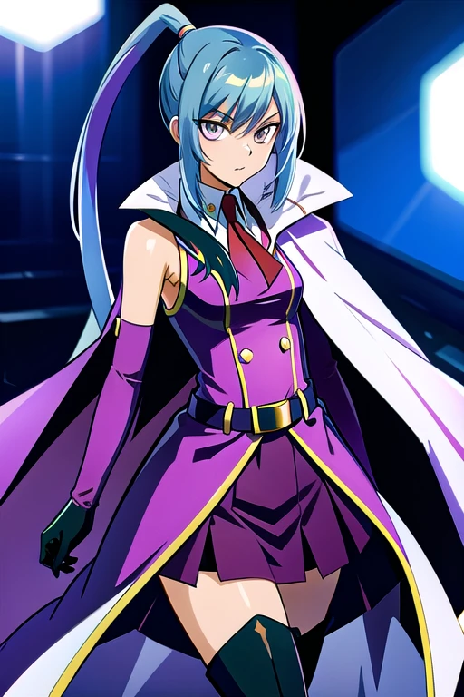 masterpiece, best quality, solo, (detailed eyes:0.9), (detailed lighting, depth of field:0.9), thighhighs, elbow gloves,purple skirt, long hair, boots, ponytail, zettai ryouiki, thigh boots, cape 