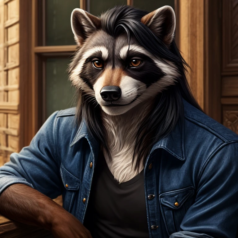 male, handsome, grey raccoon, scruffy long emo black hair with fringe, long hair, brown eyes, inquisitive look, black denim jacket black, black t-shirt, blue jeans, grey gloves, high detail, good anatomy, semi realistic