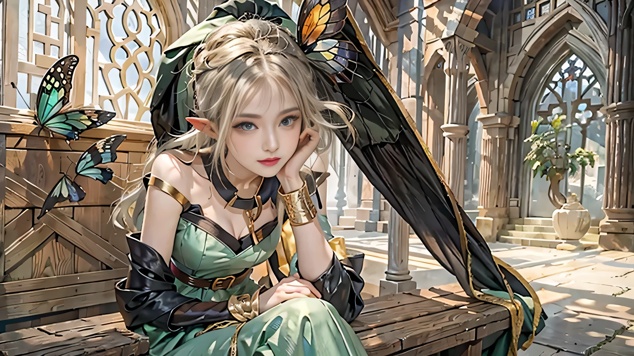 masterpiece, best quality, elf girl, solo, blue eyes, black choker, arm strap, armlet, green dress, big butterfly wings, halter dress, belt, sleeveless, single glove, thigh strap, sitting, on bench, medieval village, head rest, smile, gold and long hair, face forward, boots