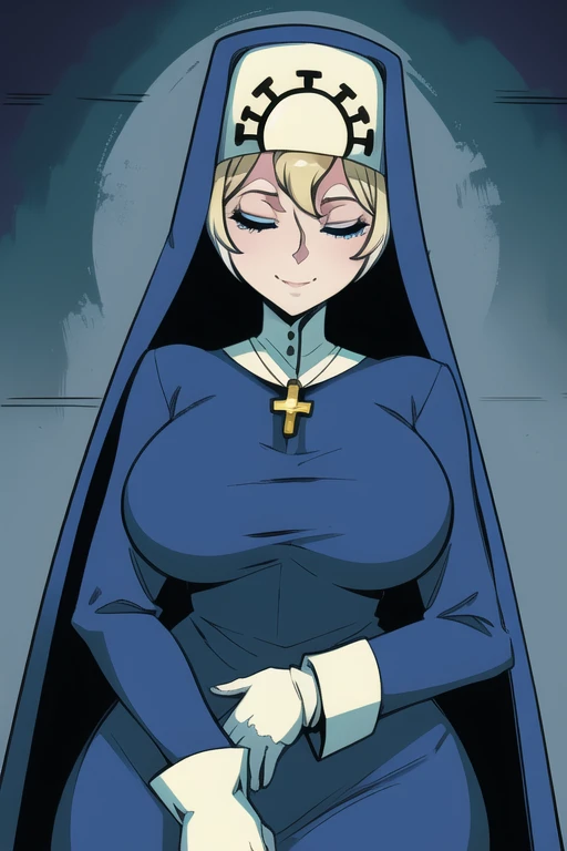 Double, short blonde hair, medium breasts, solo, smiling, cowboy shot, closed eyes, 
 blue habit, cross necklace ,white gloves, long sleeves, nun, 
(insanely detailed, beautiful detailed face,beautiful detailed eyes, masterpiece, best quality) church,
   