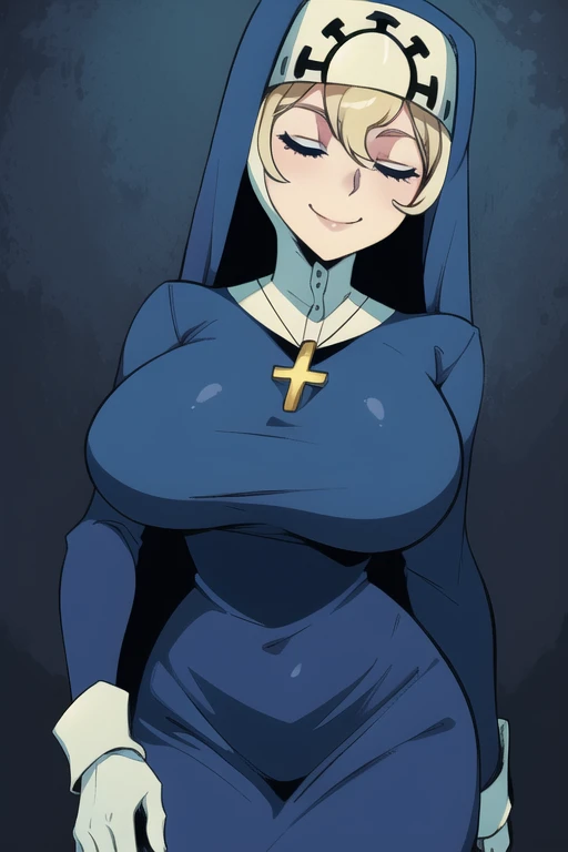 Double, short blonde hair, medium breasts, solo, smiling, cowboy shot, closed eyes,
blue habit, cross necklace ,white gloves, long sleeves, nun,
(insanely detailed, beautiful detailed face,beautiful detailed eyes, masterpiece, best quality) church,
