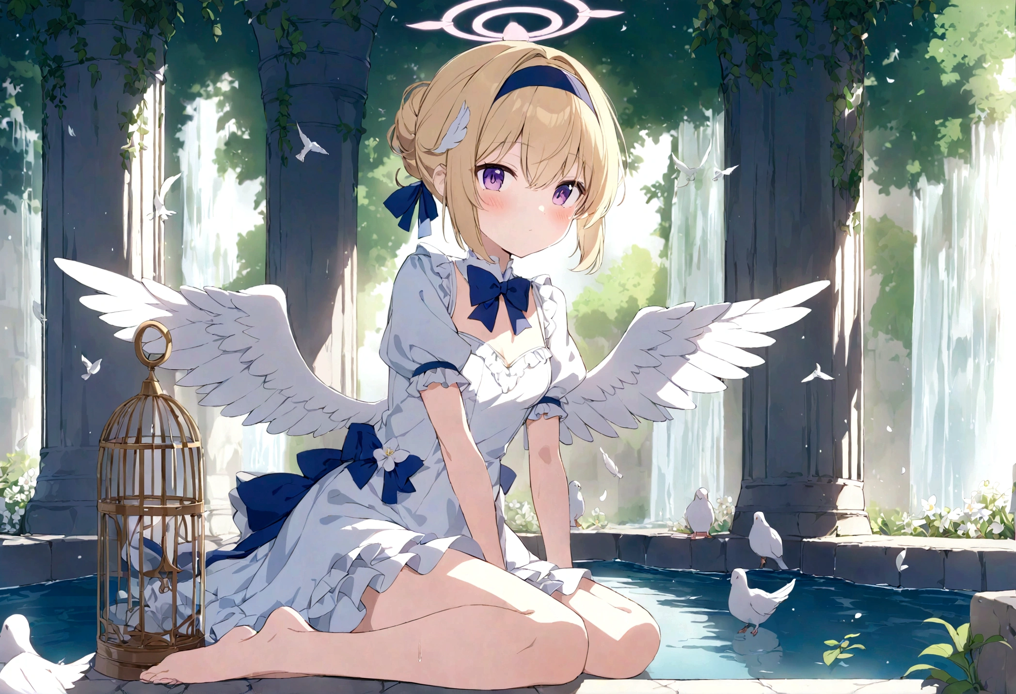 feathers, rating:safe, white_feathers, feathered_wings, 1girl, white_wings, short hair, hair up, tied hair,, angel_wings, halo, wings, angel, solo, dress, sitting, dove, blonde_hair, purple_eyes, eyebrows_visible_through_hair, water, bangs, bow, looking_at_viewer, closed_mouth, hair_between_eyes, short_sleeves, hair_intakes, day, blush, flower, barefoot, frills, breasts, hairband, puffy_short_sleeves, indoors, full_body, blue_bow, white_dress, soaking_feet, animal, outdoors, hair_bow, birdcage, cage, blue_dress, small_breasts, hair_ornament, backlighting, puffy_sleeves, frilled_dress, sunlight, reflection, sky, fountain, white_flower, sunbeam, waterfall