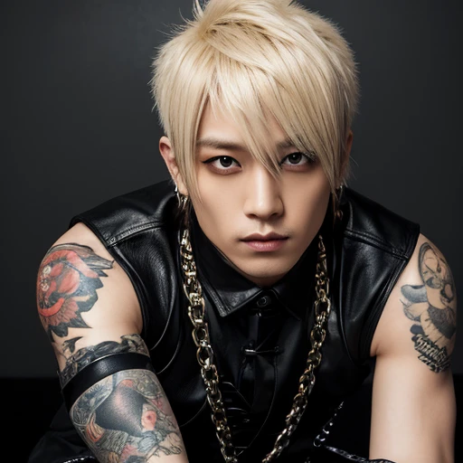 1 japanese male rocker, asien eyes, Visual Kai hairstyle, ultra detailed face, body and eyes, hyperrealistic, realistic representation, muscular, broad shoulders, tattoos gothic style, Visual Kei style, 30 years old, age 30, outfit gothic streampunk, men's shirt and black pants, rocker outfit,  blond hair, full body 