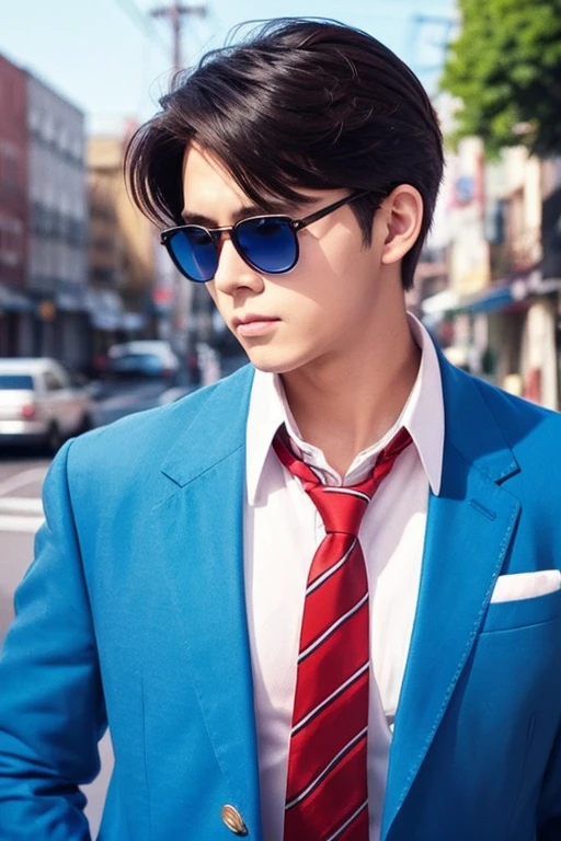 Boy wearing blue round sunglasses、 anime, anime アキラ, retro anime, 80s anime, 90s anime, Lo-Fi、profile、White shirt、Navy blue blazer、Lo-Fi、Retro、comics、Red tie、