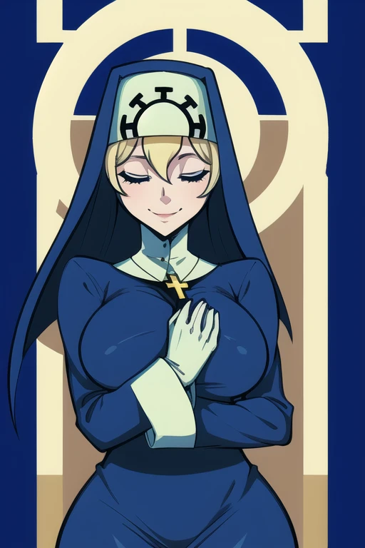 Double, short blonde hair, medium , solo, smiling, cowboy shot, closed eyes, 
 blue habit, cross necklace ,white gloves, long sleeves, nun, 
(insanely detailed, beautiful detailed face,beautiful detailed eyes, masterpiece, best quality) church,
   