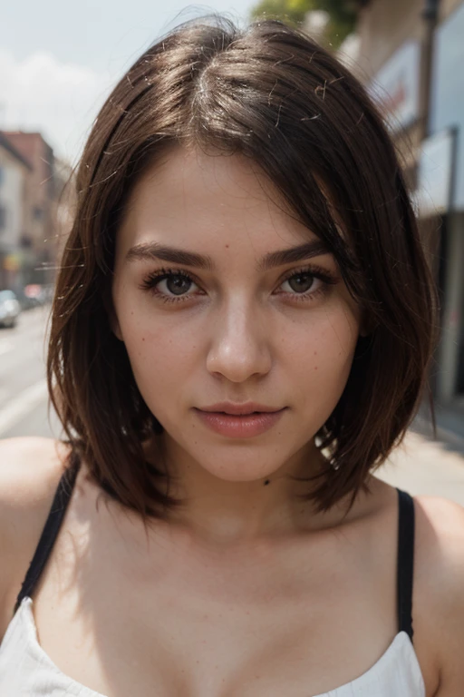 ((best quality)), ((masterpiece)), (detailed), perfect face Spanish short dress 
Glowing face and tooth (hot and sexy) 
Only hot dress styles hair
(Beautiful nose and eyes) (full image 
Road ) top and skart change face shep 
