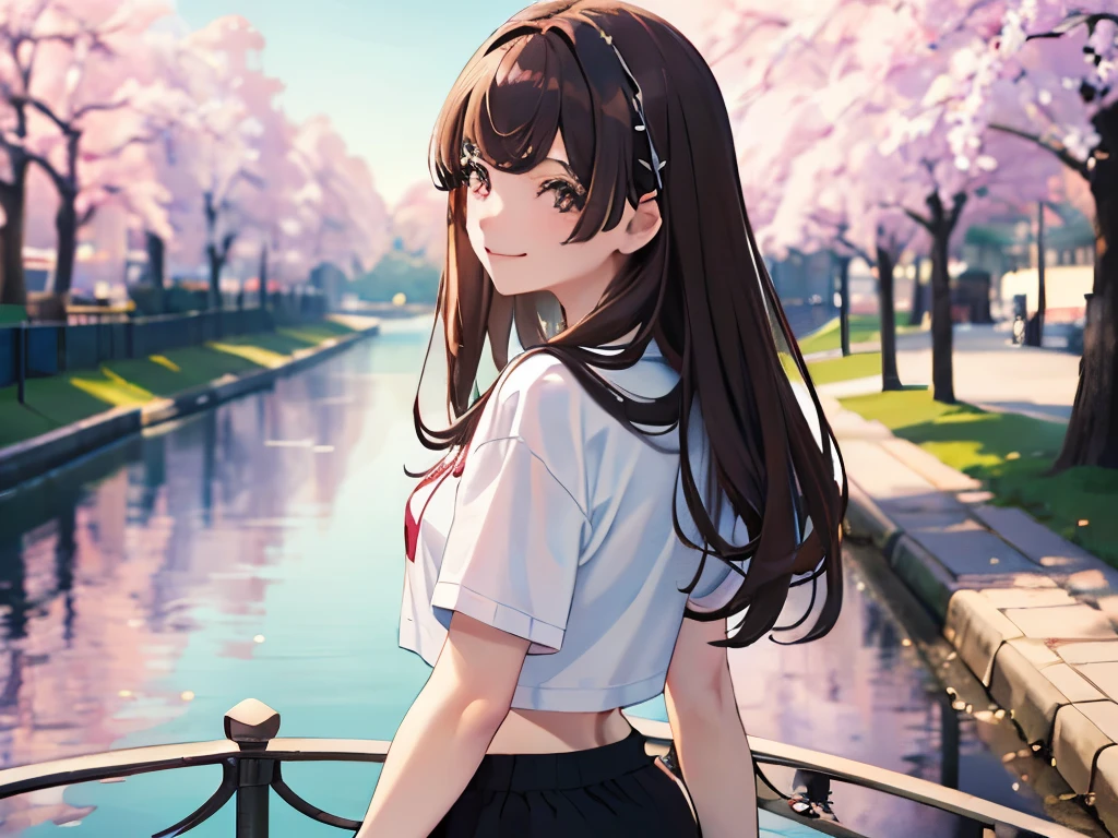 masterpiece, best quality, 1 Girl, Brown hair, ,black eyes, , Cherry blossoms, Smile, delicate eyes, Detailed facial features,Wearing sports shorts and a T-shirt, Realistic and high resolution (best quality, 4k, 8K, High resolution, masterpiece:1.2)