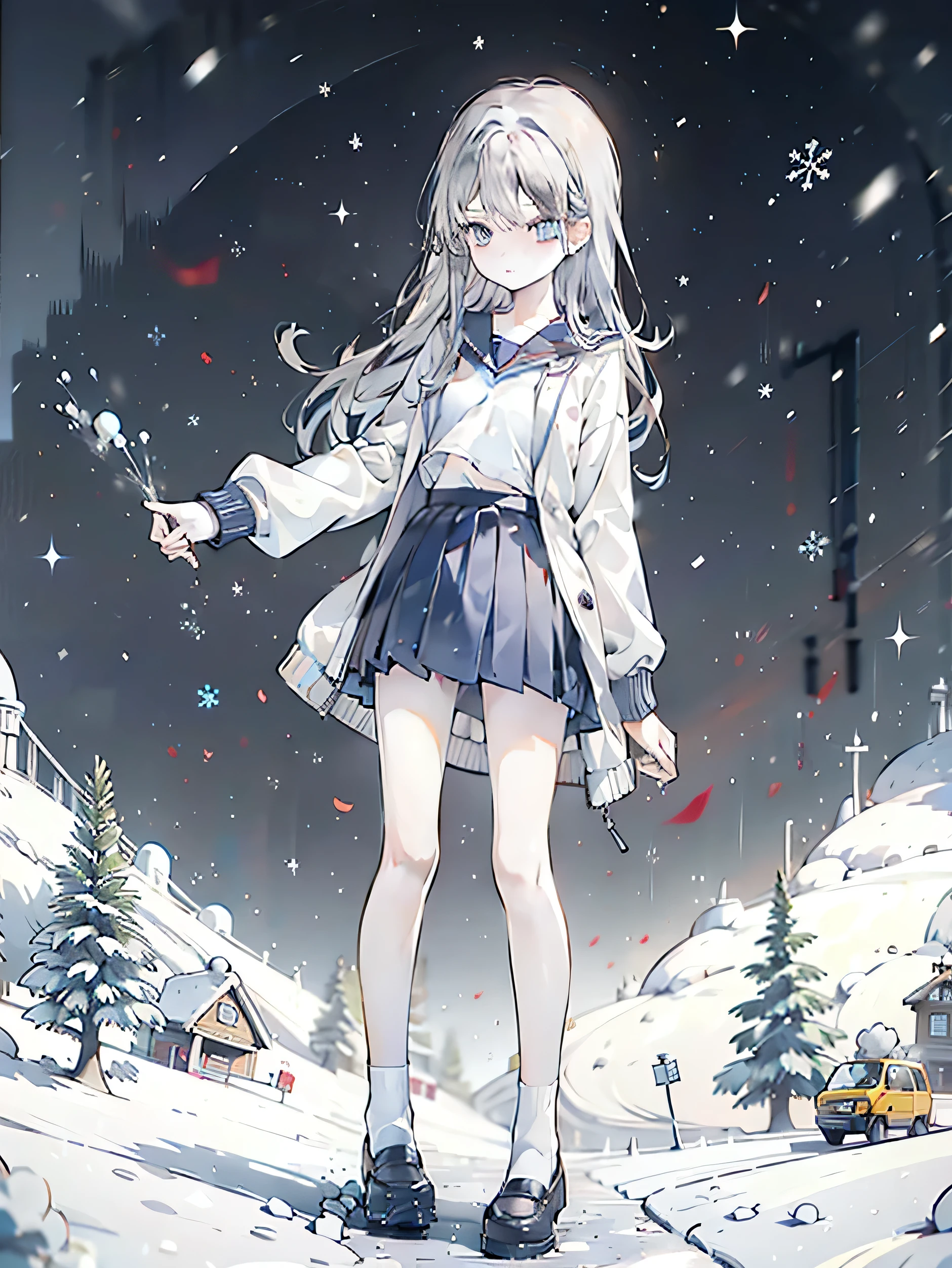 HD,Snowy town,heavy snow,girl,,cartoon,,Very thin,Orange long hair,Medium chest,Thin waist,Very thin legs,Thin legs,College sweater,coat,Blue pleated skirt,Small thin legs,White sports socks,Small leather shoes,Standing,whole body