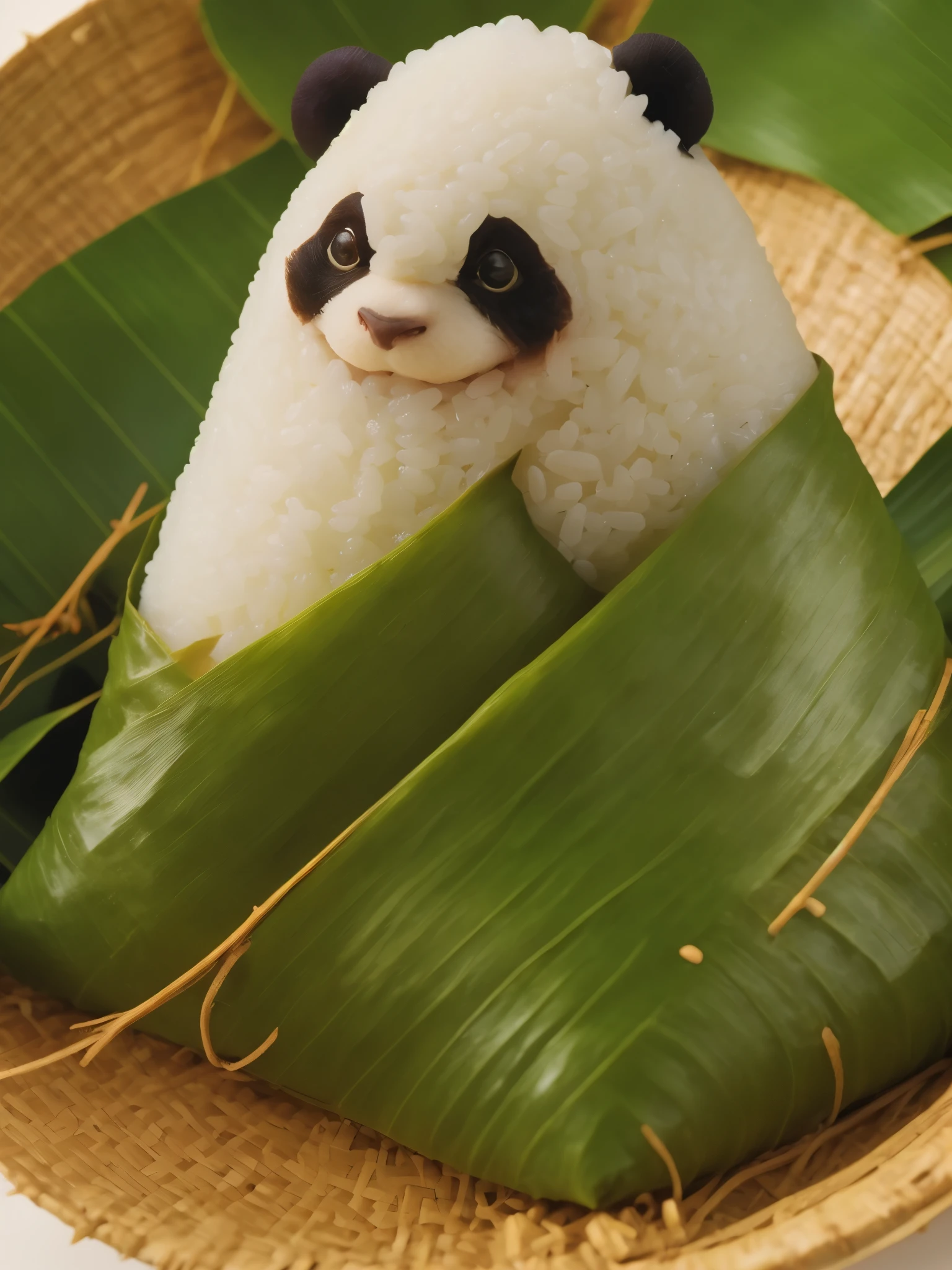 A panda-shaped zongzi, made of glutinous rice, has a cute expression, the lower half of the body is wrapped in tapered leaves, the head sticking out of the leaves, equidistant, cartoon-style, Macro Lens, studio light, nature, soft lighting, film grain, cowboy shot, epiCPhoto