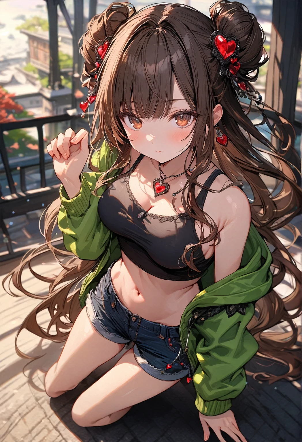 1girl, (best quality, top details, high quality, detailed, highest quality, recent, greater quality, highres, ultra fine painting, (masterpiece:1.2)), digital art, 8k resolution, from above, detailed background, high resolution, epic lighting, RAW photo, POV, sharp focus, professional photography, good lighting, soft light, soft colors, looking at viewer, detailed lights and shadows, niji style, stylish, ultra, ultra-detailed, trending art, master crafted, blurry background, pose, dynamic position, posing, dynamic pose, hand pose, (top quality, (details:1.37)) , solo, (medium breasts:1.2), tight bust, flushtered, casual, innocent face, (cute, slim, nice hips, nice body), brown hair, (long flowing hair:1.3), twin buns hairstyle, long bangs, long hair, middle hair bangs, brown eyes, full body, ((tight black string tanktop:1.2), tummy skin, off shoulder open green hoodie, shorts, one big red gem heart necklace)