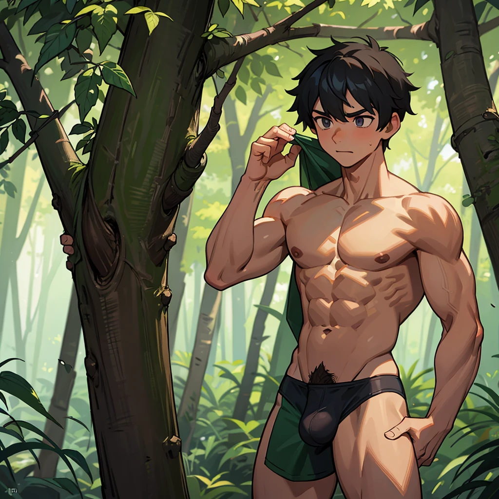 A boy Hiding in the Forest fully naked and his abs are exposed, he has a broad shoulders and defined abs, he is shirtless and he also has no pants, his penis is free and his penis is erect and massive, he is in the forest looking worried while also aroused. Big dick, Fat penis, Abs, Detailed, Pubic Hair, Cum