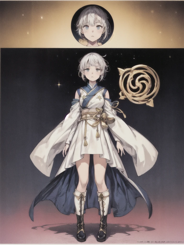 (((1girl)))、starの妖精、vtuber-fullbody、(((highest quality、Masterpiece、The best composition、Golden Ratio、Official Art、Super detailed、Super detailedな目)))、ultra detailed, from front, headshot、 White hair color、Short bangs above eyebrows、Short Hair、Standing in front of the viewer、着物とゴスロリをリメイクしたMilky Way柄の洋服、The sleeves are long and the hands are hidden、Knee-high boots、Pure white simple background、star、Milky Way、universe、流star群、