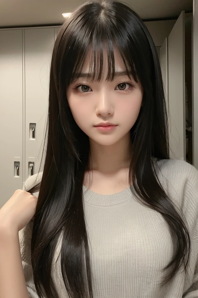 (High resolution:1.3), (16k, Photorealistic, Raw photo, Best image quality: 1.4), Japanese, (One Girl), Beautiful Face, (A vivid face), (Black-haired、Long Hair:1.3、bangs:1.2), (Black Eyes 1.3), Beautiful Hairstyles, Realistic eyes, Beautifully detailed eyes, (Realistic Skin), Beautiful skins, attractive, 超A high resolution, Surreal, High detail, Golden Ratio, Highly detailed cute girl,(20-year-old), (Clothes:0.01), locker room