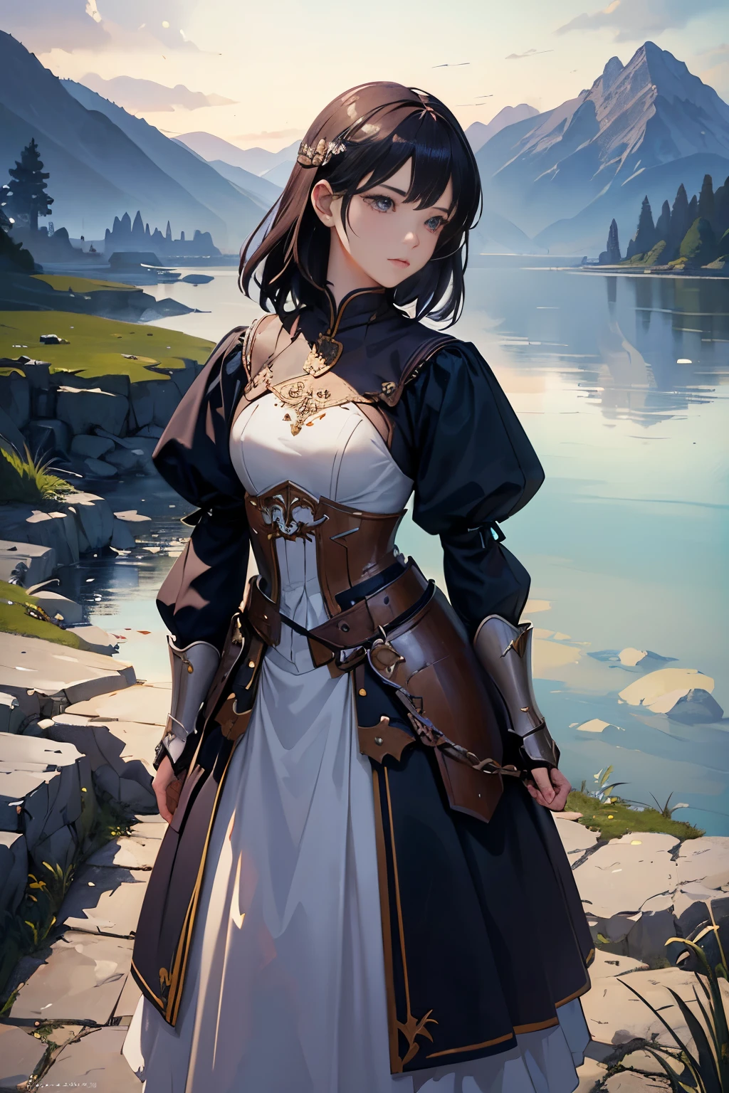 (highest quality、High resolution、masterpiece)、(Anime Art 4k)、(Realistic)、Portraiture、 (whole body)、(1 person)、20-year-old woman、( Woman in armor standing on top of a hill)、Beautiful Face、 (Facial details)、Black Hair、 short hair、 Beautiful Hair、Shiny Hair、(Put your hair up、Combing your hair)、Skin Texture、Slim figure、Small-chested medieval light armor、Beautiful Armor、Armor skirt、lace-up bodice dress、steampunk、Cinema Lighting、Ray Tracing、Soft Light、Landscape painted on a foggy morning、Outdoor、Nice views、Lake and mountains in the distant background々、(Sargent-style watercolor)、(Edmund Leighton Style)、