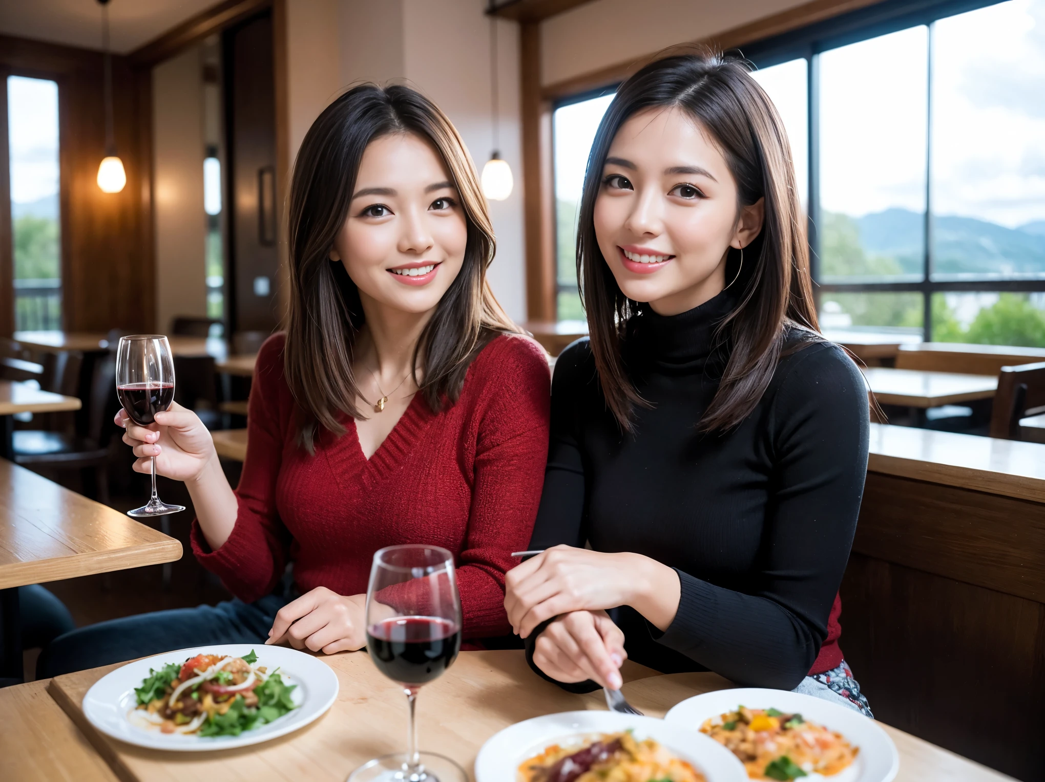 ((highest quality、8k、masterpiece:1.3))、1 male、1 female、Couple、Spouse、石原さとみ似美女Couple、The body is slim、((Bob Hale、Straight hair:1.2)), (Realistic, Intricate details:1.2), テーブルの上のwine glass、Shine light on your face、 Amazing view of the sunset sky and clouds、Amazing mountain views、A bright smile、The wonderfulness of smile、Bright image、The beauty of wine, Beautiful Face, blue eyes, The light shines on your face, Blushing, short hair,Bright Face、 (45 years old), 39 years old, red wine 、Appetizers、Italian food、Wine bottle、Champagne、sparkling wine、Two beauties、Brown Hair、Shortcuts、Long sleeve shirt、dress、Pretty Woman 1, (slimな顔), (The body is slim), (Brown Hair), (Shortcuts), cheeks turn a little red,Attractive beauty、restaurant, In a prominent place (From the waist up) Nova Frog Style, actress, model, Upper Body, White wine, slim, wine glass, 中央に置かれたwine glass, smile, (smile: 1.15), Beautiful fine grain, Depth f/2,saturation, High Contrast, Strong light and shadow,Moist Body:1.5、3D texture、Delicate eyes、Brown Hair、The hair is very shiny、