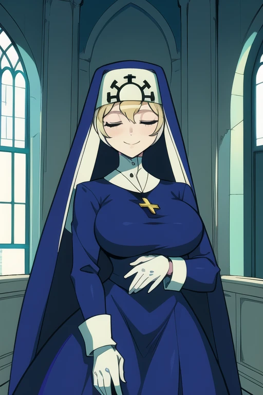Double, short blonde hair, medium breasts, solo, smiling, cowboy shot, closed eyes,
blue habit, cross necklace ,white gloves, long sleeves, nun, long skirts
(insanely detailed, beautiful detailed face,beautiful detailed eyes, masterpiece, best quality) church,