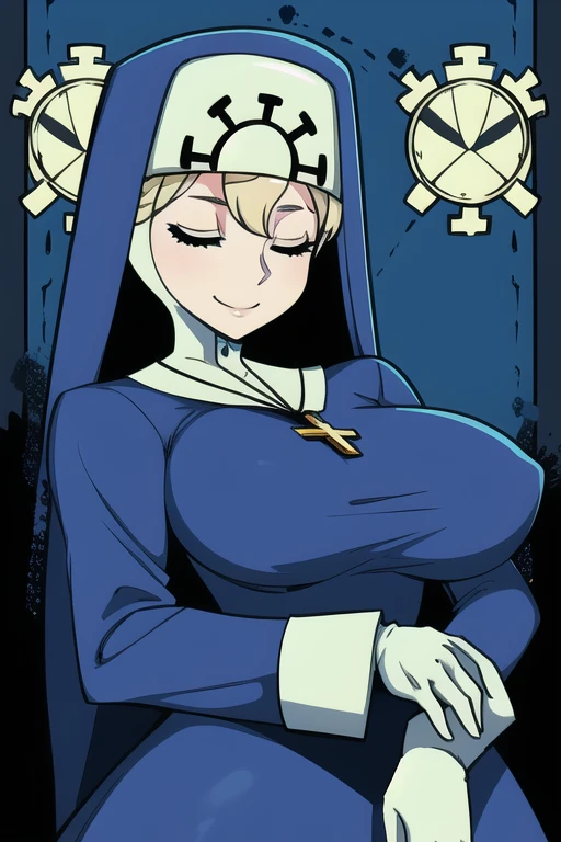Double, short blonde hair, medium breasts, solo, smiling, cowboy shot, closed eyes,
blue habit, cross necklace ,white gloves, long sleeves, nun, long skirts
(insanely detailed, beautiful detailed face,beautiful detailed eyes, masterpiece, best quality) church,