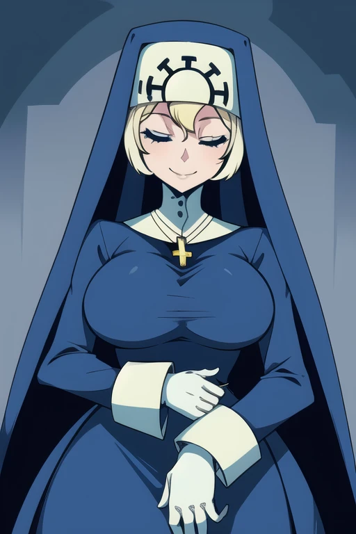 Double, short blonde hair, medium breasts, solo, smiling, cowboy shot, closed eyes,
blue habit, cross necklace ,white gloves, long sleeves, nun, long skirts
(insanely detailed, beautiful detailed face,beautiful detailed eyes, masterpiece, best quality) church,