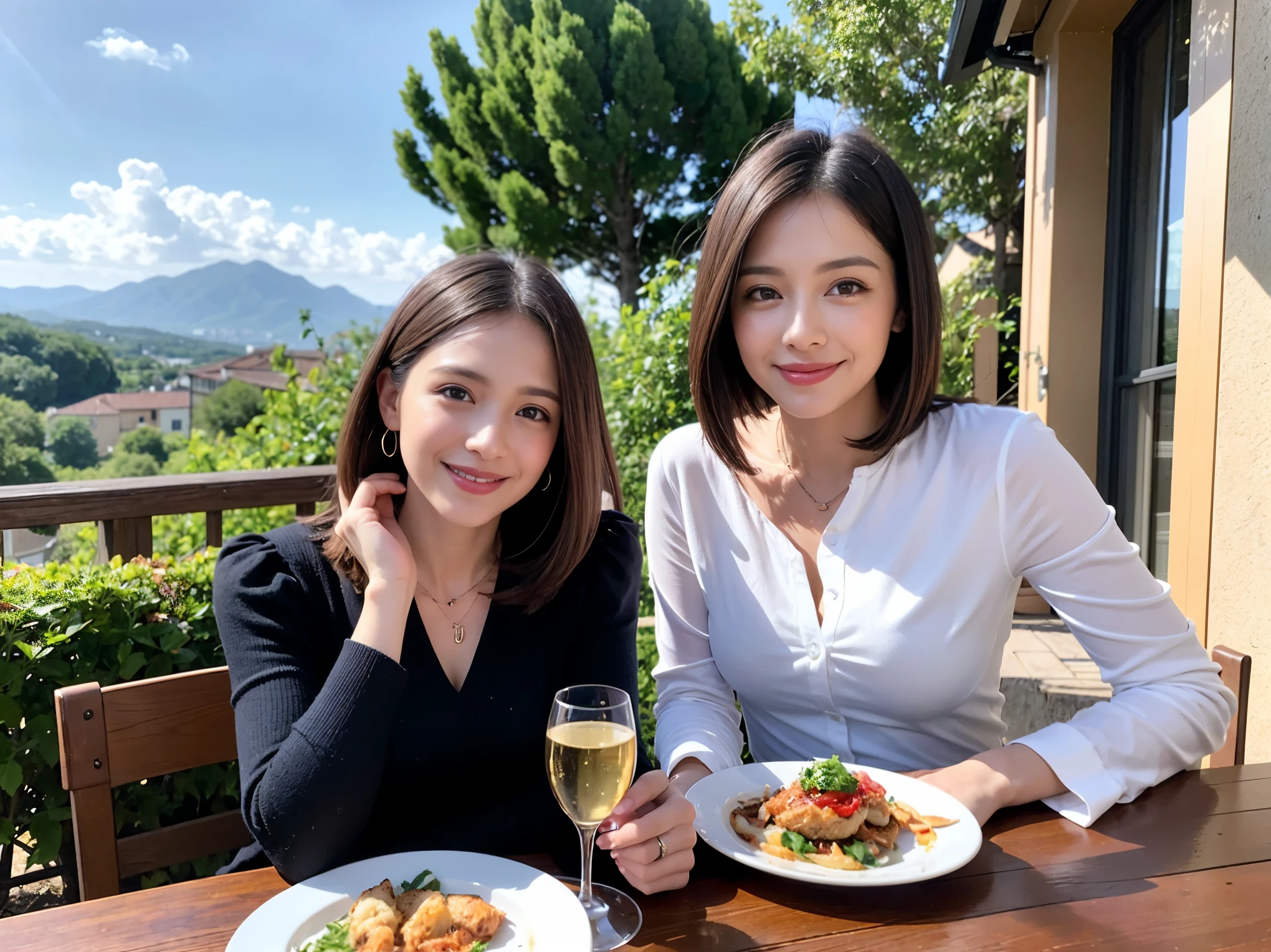 ((highest quality、8k、masterpiece:1.3))、1 male、1 female、lover、Beautiful couple、Smile、 (Slim face), (the body is スリム), (Brown Hair), (Shortcuts), ((Bob Hale、Straight hair:1.2)), Wine glass on the table、Please shine a light on my face、 Amazing view of the sunset sky and clouds、Amazing mountain views、The beauty of a smile、Bright image、Blushing, Shortcuts,Bright Face、 (Age 34), 39 years old, red wine 、Appetizers、Italian food、Wine bottle、Champagne、sparkling wine、Long sleeve shirt、dress、Attractive beauty、restaurant, Nova Frog Style, actress, model, Upper Body, White wine, red wine, wine glass, 