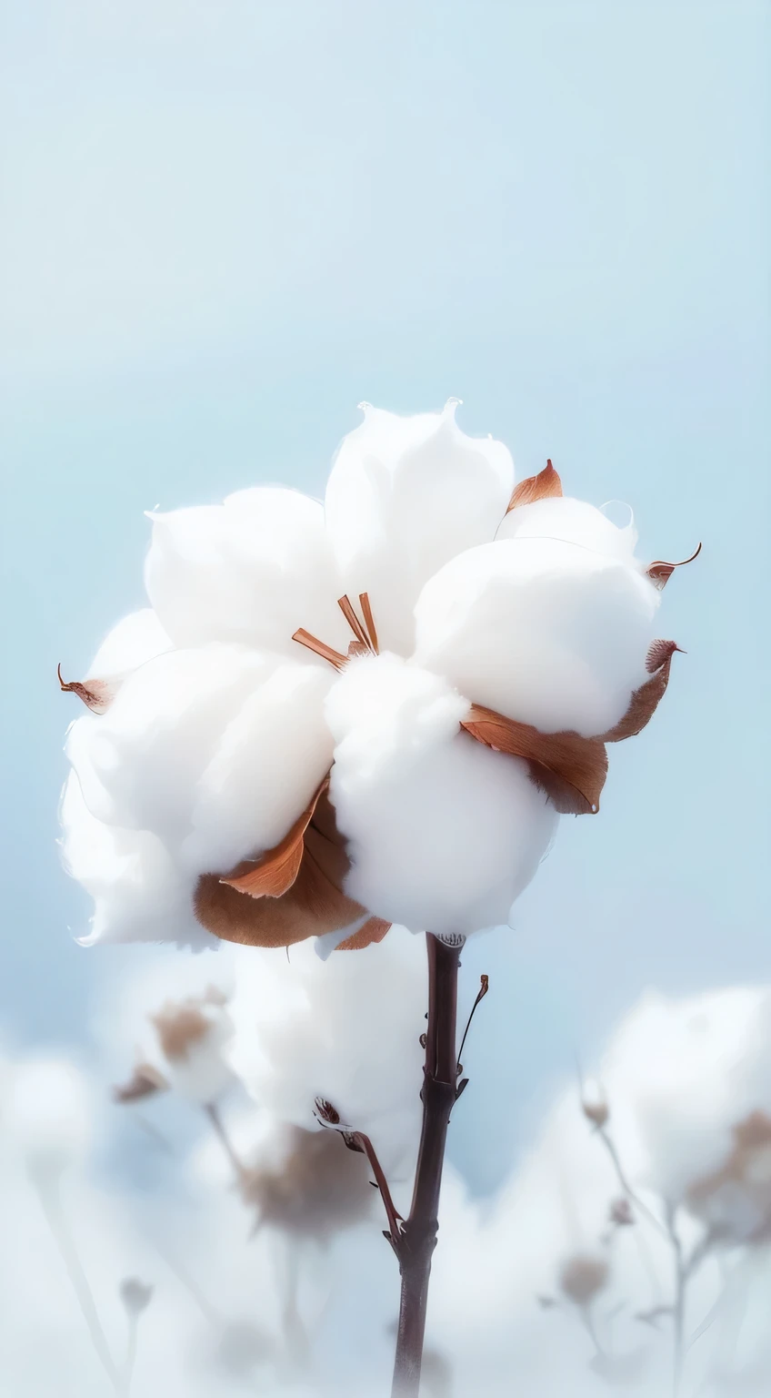 there is a close up of a cotton plant with a blue background, cotton, lots of white cotton, lots of cotton plants, cotton clouds, lined in cotton, cotton texture, cotton fabric, Crisp detailss, made of lab tissue, Perfect details, "High quality product image", soft and Fluffy, High quality details, high quality fabrics textiles, inspiration, Crisp details, Fluffy