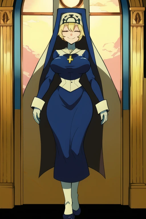 Double, short blonde hair, medium breasts, solo, smiling, cowboy shot, closed eyes, 
 blue habit, cross necklace ,white gloves, long sleeves, nun, long skirts, full body view
(insanely detailed, beautiful detailed face,beautiful detailed eyes, masterpiece, best quality) church,
   