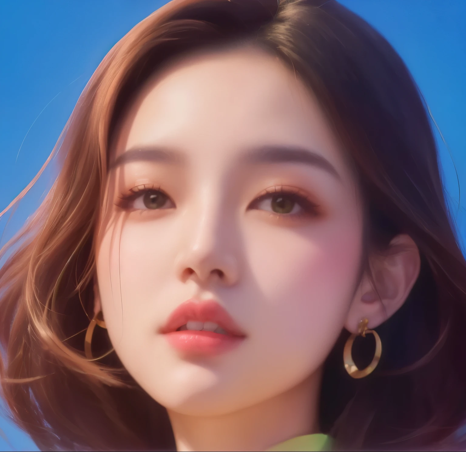 Close-up of a woman in a green shirt and earrings, inspired by Yanjun Cheng, Kawaii realistic portrait, Artwork in the style of Guweiz, Realistic cute girl drawing, Produced in collaboration with Anime Painter Studio, Portrait of a Korean female idol, adorable number, 4k 高度详细的number艺术, Low Detail. number, [ 4k number艺术 ]!!