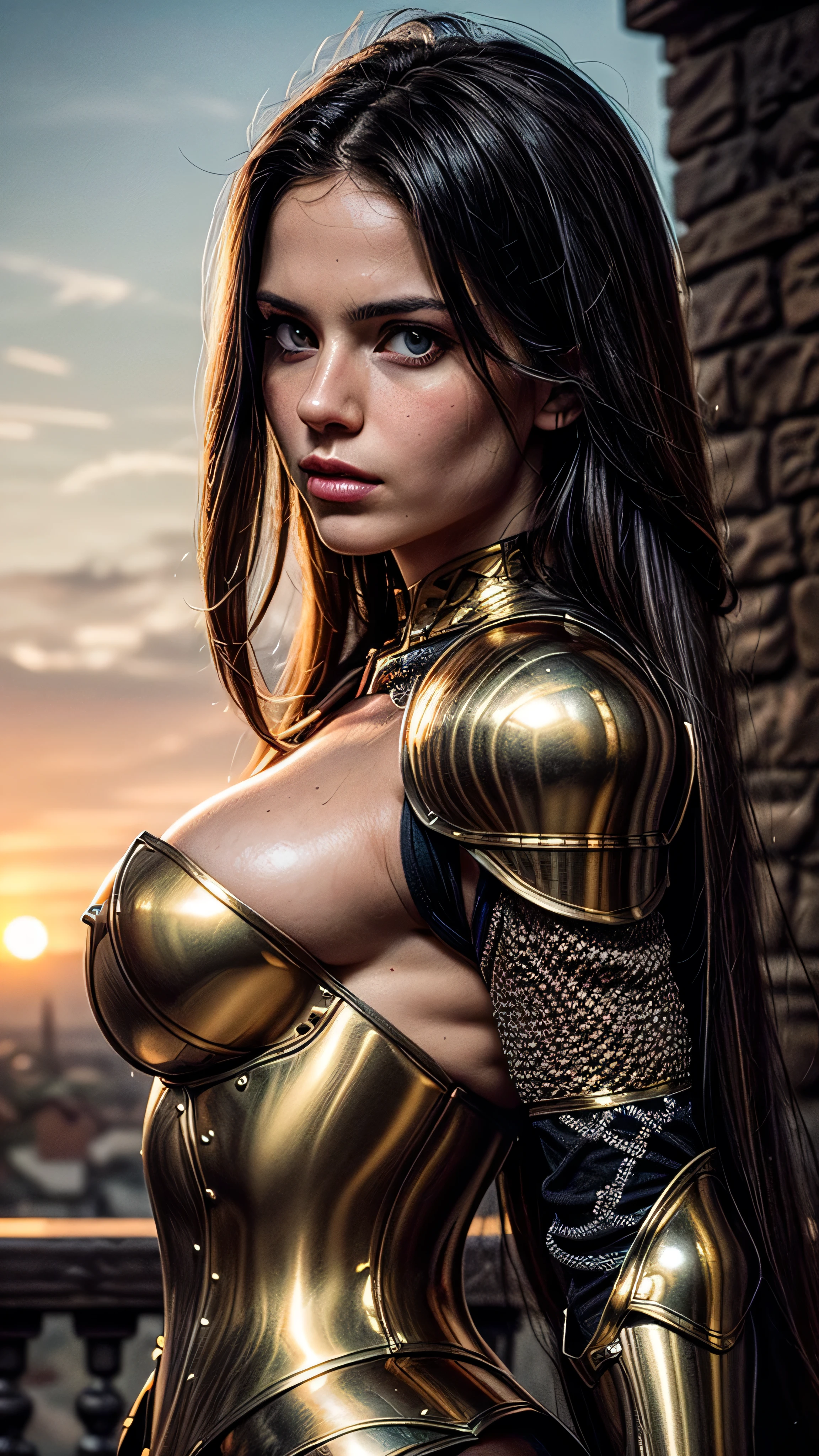 (masterpiece, photorealistic:1.4, extremely intricate:1.3), (photon mapping, radiosity, physically based rendering, ultra resolution, hyper-realistic, photorealistic:1.4, hyper-realistic, 8K), portrait of a muscular girl, ((Sumptuous armor from the late Renaissance, intense brass perfectchainmail armor:0.3, ([flat chest:medium breasts:0.3]))), metal reflections, upper body, portrait, outdoors, intense sunlight, far away castle, professional photograph of a stunning woman, (long straight black hair, blowing, dynamic pose), sharp focus, dramatic, award winning, cinematic lighting, (film grain, bokeh, interaction, sunrise)
