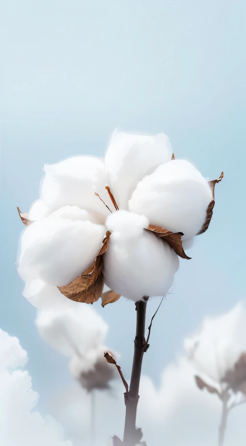 there is a close up of a cotton plant with a blue background, cotton, lots of white cotton, lots of cotton plants, cotton clouds, lined in cotton, cotton texture, cotton fabric, Crisp detailss, made of lab tissue, Perfect details, "High quality product image", soft and Fluffy, High quality details, high quality fabrics textiles, inspiration, Crisp details, Fluffy