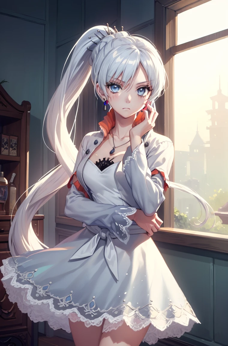 (masterpiece, best quality:1.2), cowboy shot, solo, 1girl, weissvale, expressionless, closed mouth, looking at viewer, crossed arms, ponytail, scar on eye, white dress, jewelry, necklace, earrings