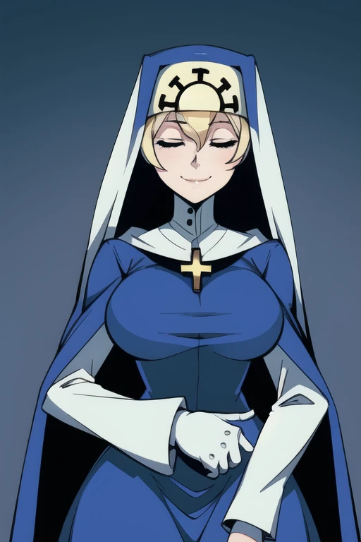 Double, short blonde hair, medium breasts, solo, smiling, cowboy shot, closed eyes,
blue habit, cross necklace ,white gloves, long sleeves, nun, long skirts, cape
(insanely detailed, beautiful detailed face,beautiful detailed eyes, masterpiece, best quality) church,