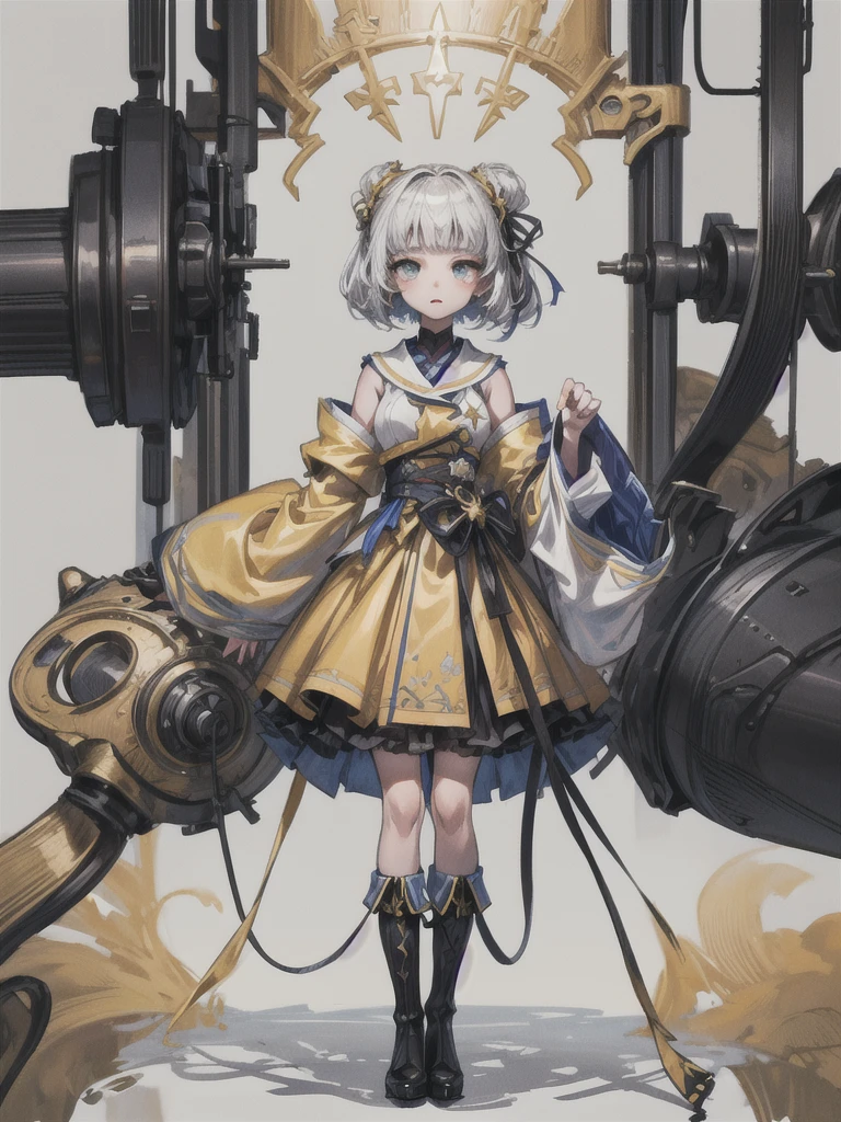 (((1girl)))、starの妖精、vtuber-fullbody、(((highest quality、Masterpiece、The best composition、Golden Ratio、Official Art、Super detailed、Super detailedな目)))、ultra detailed, from front, headshot、 White hair color、Short bangs above eyebrows、Short Hair、Standing in front of the viewer、着物とゴスロリをリメイクしたMilky Way柄の洋服、The sleeves are long and the hands are hidden、Knee-high boots、Pure white simple background、star、Milky Way、universe、流star群、