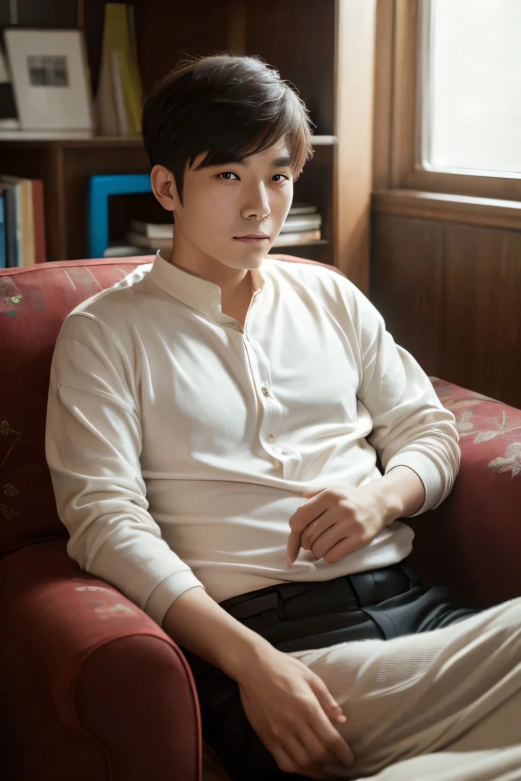 A Chinese man sitting leisurely on the sofa in his studio,Facing the camera。Canon Portrait Photography