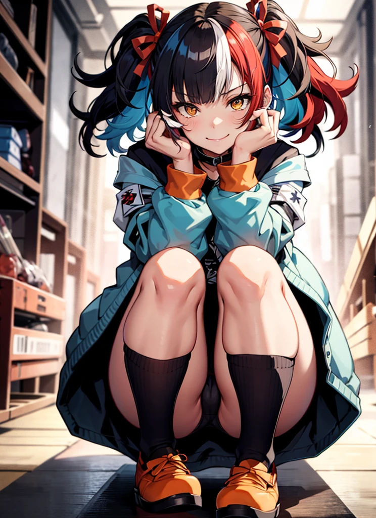 seishonagon, One Girl, alone, Yellow Eyes, Twin tails, alone, Blue Hair, multicoloRedhead, Black Hair, Redhead, Jacket, collar, serafuku, sailor collar, bow tie, Red Bow, heart, Black socks, Knee socks, Red footwear, Nail Polish Break,Upper Body,Bright classroom,(squat,Leg spread),Spread your legs,Wicked Smile,Panty shot,Headrest,Focus on the crotch