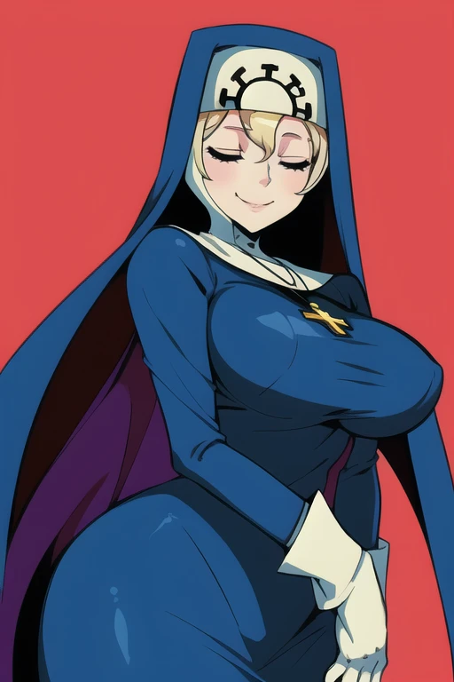 Double, short blonde hair, medium breasts, solo, smiling, cowboy shot, closed eyes,
blue habit, cross necklace ,white gloves, long sleeves, nun, long skirts, cape
(insanely detailed, beautiful detailed face,beautiful detailed eyes, masterpiece, best quality) church,