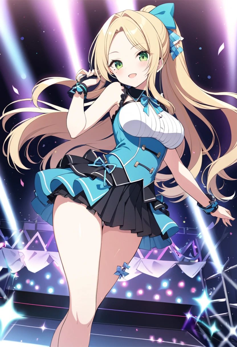 KANZAKIMIKOTO, BLONDE HAIR, ponytail, HAIR INTAKES, parted bangs, long hair, green eyes, mole under eye, ars old,, large breasts,, Live Stage, solo asahi