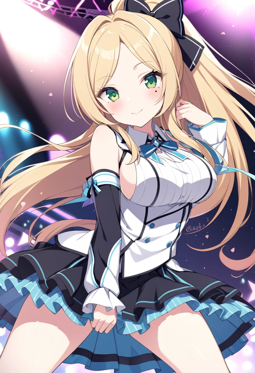 KANZAKIMIKOTO, BLONDE HAIR, ponytail, HAIR INTAKES, parted bangs, long hair, green eyes, mole under eye, 16years old,, large breasts,, Live Stage, solo asahi
