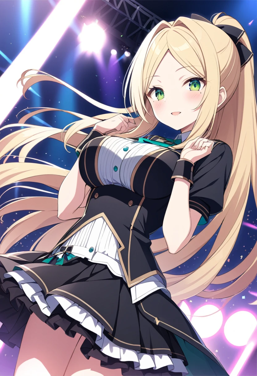 KANZAKIMIKOTO, BLONDE HAIR, ponytail, HAIR INTAKES, parted bangs, long hair, green eyes, mole under eye, 16years old,, large breasts,, Live Stage, solo asahi