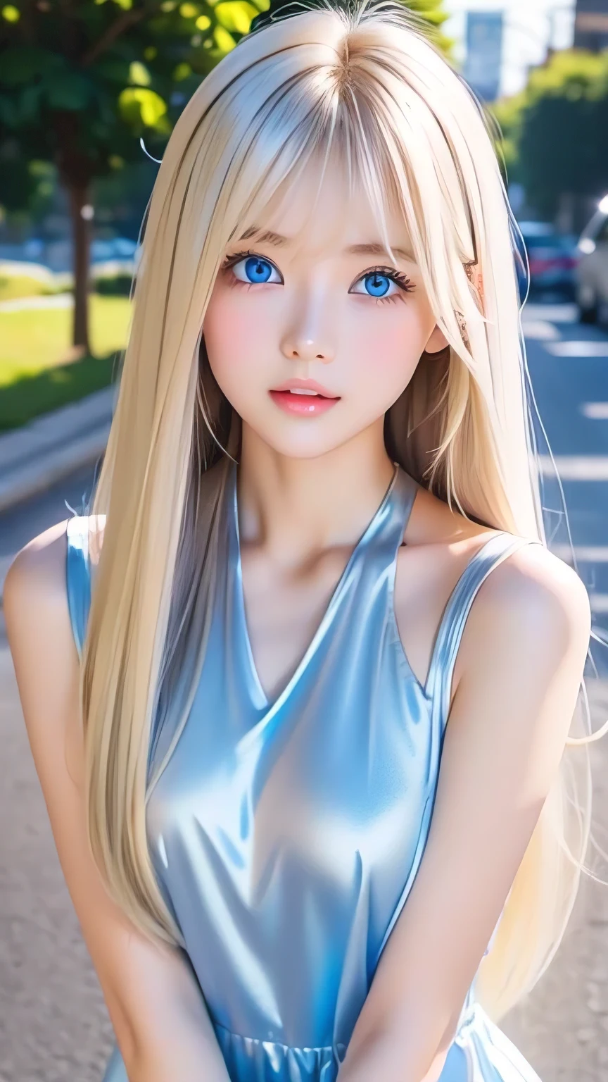 Shiny, clear, white skin、Windy hair gets in the way of a pretty face、Colossal、20 years old cute sexy little beautiful face、Beautiful straight hair that stands out、grow, Light blue eyes、Cute long silky bangs covering her eyes, Sexy face hiding hair super long hair sexy cute young woman long natural blonde shiny glossy hair