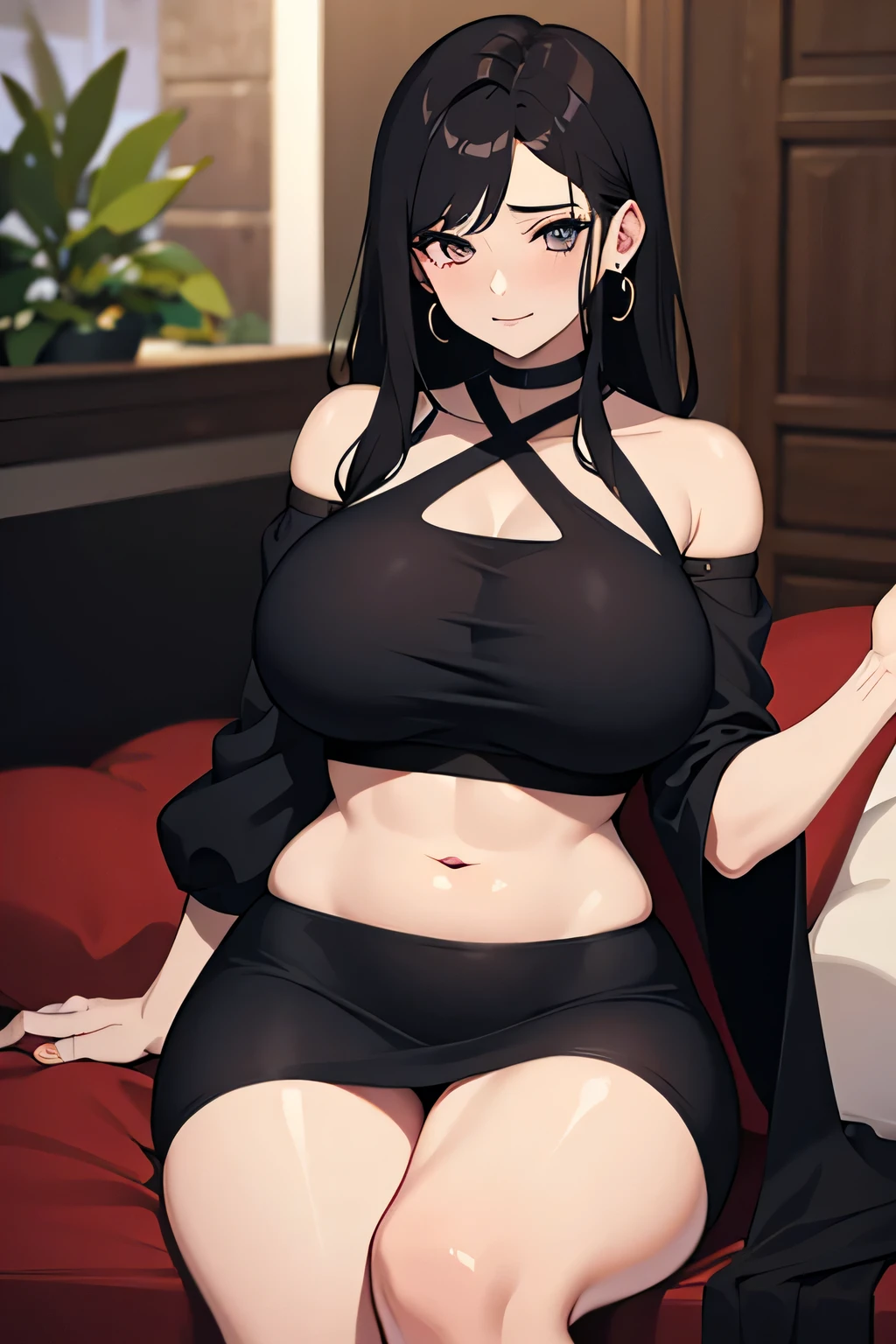 Hermosa milf cabello oscuro ojos rojos, sitting while caressing her belly while her husband is by her side.